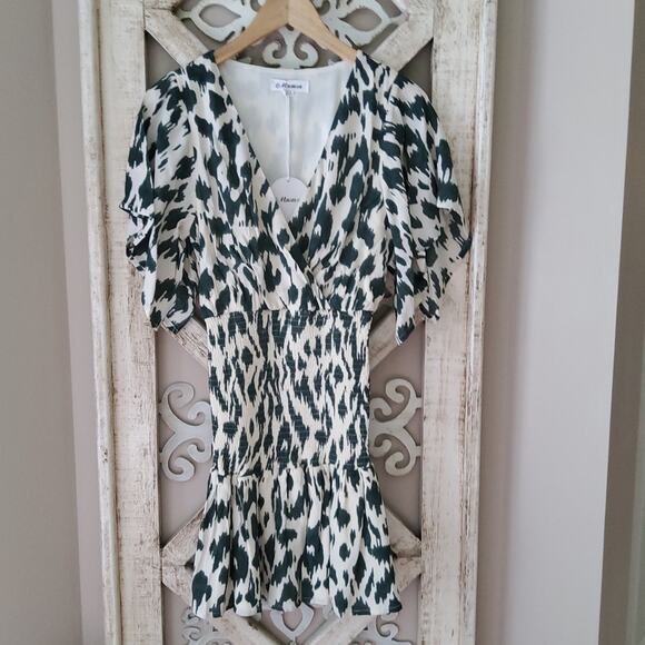 Macaron Women's Surplice Woven Smocked Waist Ruffle Mini Dress in Green Leopard - Picture 6 of 16